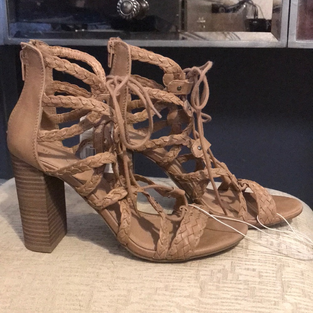 Strappy tie nude block heel sandal